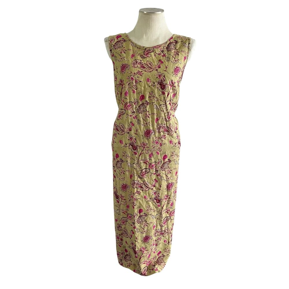 Vtg Y2K 2000s Plus Size Linen Maxi Dress Ditsy Floral Print Wmns 18W Cottagecore